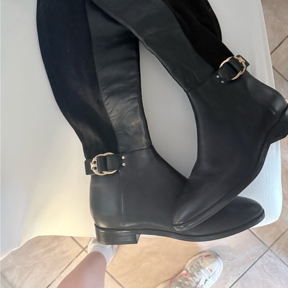 Tory Burch Black Over the Knee Boots with Gold Buckle